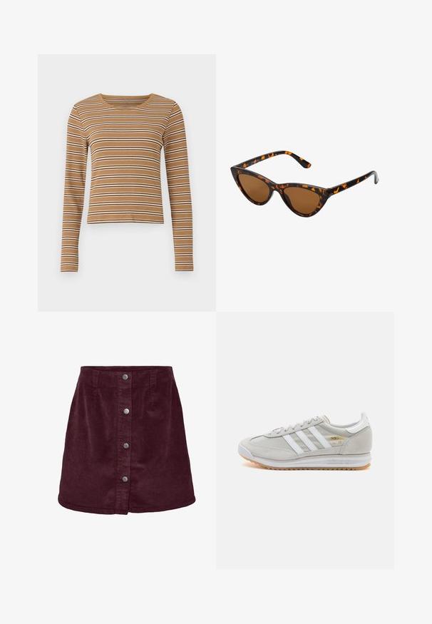 Ruskea pitkähihaiseksi ylhäältä avattavaksi paidaksi, jossa on vaakasuorat valkoiset ja tummanruskeat raidat, ribbi-textuuri ja pyöreä kaula-aukko, joka on leikattu hieman lyhyeksi.; Burgundin väriinen sametti mini-hame, jossa on A-linjainen muoto, viisi hopeista nappia edessä ja hienovarainen uritettu pinta.; Vaaleanharmaat sneakerit, jotka on valmistettu mokasta ja verkosta, sisältäen kolme valkoista raitaa, pyöreän kärjen ja kumisen pohjan. Kultainen logo yksityiskohta nauhojen läheisyydessä.; Kattöga solglasögon med en svart och orange sköldpaddsmönstrad båge, bruna linser och slanka, spetsiga spetsar. Har en minimal logotyp på skalmen.; Even&Odd Käsilaukku - off-white