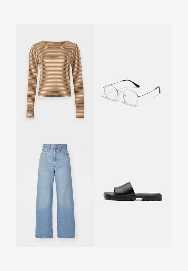 Brun langærmet top med vandrette hvide og mørkebrune striber, ribbet tekstur og rund halsudskæring, med et cropped design.; Lyseblå højtaljede bukser med bred benåbning, med frontknap og lynlås, samt for- og baglommer, på en hvid baggrund.; Sorte mules med en glat, mat læderoverdel og en tyk, tekstureret gummisål. Bemærkelsesværdig guldbeslag på overdelen. Simpelt, åbent design.; Runde metalbriller med en slank sølvramme, klare linser og sorte templer med gummitips for komfort. Minimalistisk design.