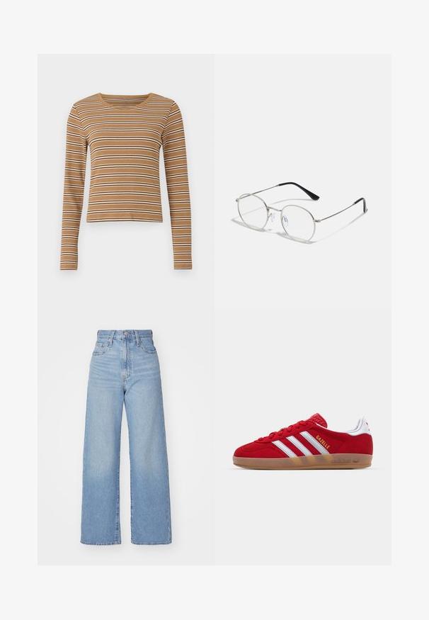 Brown long-sleeve top with horizontal white and dark brown stripes, ribbed texture, and a rounded neckline, featuring a cropped design.; Light blue high-waist wide-leg jeans with front button and zip closure, front and back pockets, on a white background.; Red suede sneaker with white three-stripe design and gold "Gazelle" text. Features a rubber gum sole and textured heel.; Round metal eyeglasses with a slim silver frame, clear lenses, and black temples featuring rubber tips for comfort. Minimalist design.