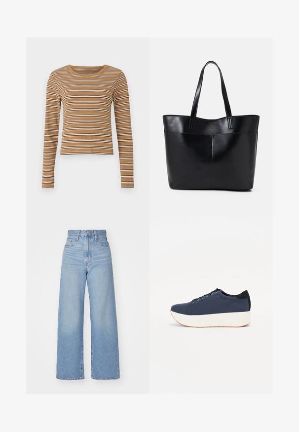 Bluză lungă, maro, cu mâneci lungi, cu dungi orizontale albe și maronii închise, textură striată și decolteu rotund, având un design scurt.; Jeans cu talie înaltă, de culoare albastru deschis, cu croială largă, dotate cu nasture și fermoar la față, buzunare în față și spate, pe un fundal alb.; Sneaker albastru închis, cu un material texturat pe partea superioară, talpă platformă albă, vârf rotunjit și accent de călcâi negru. Dispune de șase găuri pentru șireturi.; Geantă oversized din piele neagră, cu două mânere lungi, de textură netedă și formă structurată. Are un buzunar frontal pentru stocare suplimentară.
