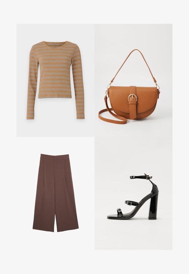 Hnedý dlhý rukáv vrch s horizontálnymi bielymi a tmavohnedými pruhmi, ryhovaná textúra a zaokrúhlený výstrih, s cropped dizajnom.; Hnedé nohavice so širokými nohavicami a hladkou textúrou, s vysokým pásom a prednými skladmi. Tkanina je ľahká a voľne sa pohybuje.; Čierne lakované sandále na podpätku so štvorcovou špičkou, navlečenými remienkami okolo členku a striebornými prackami. Disponujú masívnym blokovým podpätkom pre stabilitu.; Hnedá kožená kabelka cez telo s zakriveným tvarom, zlatými kovovými doplnkami a akcentom s prackou. Obsahuje odnímateľný ramenný popruh.