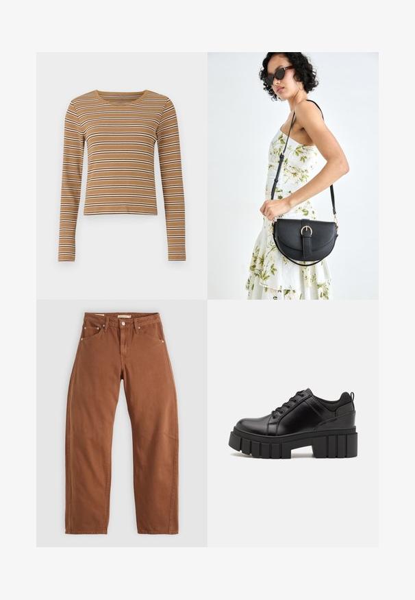 Ruda ilgomis rankovėmis palaidinė su horizontaliomis baltomis ir tamsiai rudomis juostelėmis, raukšlėta tekstūra ir apvaliu kaklu, turinti sutrumpintą dizainą.; Rudai rudi tiesūs džinsai su priekinėmis ir galinėmis kišenėmis, metaliniais kabliukais, mygtuko užsegimu ir diržo kilpomis, išdėstyti ant balto fono.; Juodi odiniai platformos batai su masyviu blokuota kulniuku, apvalia nosimi ir tradiciniu šnypštimo dizainu. Turintys glotnų paviršių ir minimalų dekoravimą.; Juodas odinis krepšys su išlenkta forma, nuimamu dirželiu ir auksiniais detalėmis. Krepšys turi kilpą su sagtimi.