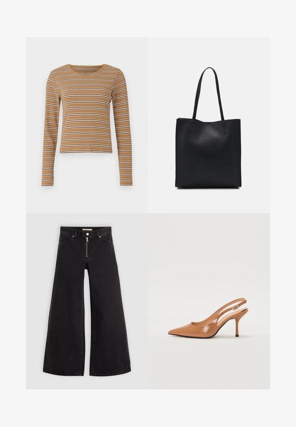Brown long-sleeve top with horizontal white and dark brown stripes, ribbed texture, and a rounded neckline, featuring a cropped design.; Wide-leg jeans in black denim with a zippered front, five-pocket design, and subtle stitching details. Smooth texture and casual style.; Pointed toe slingback heel in a smooth, glossy tan material. Features a curved cutout design and a slender stiletto heel. Silver buckle detail.; Black leather tote bag with smooth texture, rectangular shape, and two long handles. No visible hardware or embellishments.