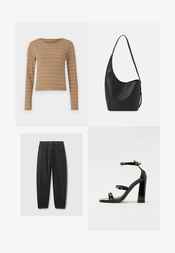 Pruun pikka varrukaga särk horisontaalsete valgete ja tumedate pruunide triipudega, soonikkoes ja ümmarguse kaelusega, millel on lühendatud disain.; Mustad denim teksad sirge lõikega, viie taskuga disain, vööloopsud ja nup closure. Kanga pind on sile ja kergete pleekimistega.; Must-haves mustaablite, mustaablite jalad, mustaablit, mustaablitte suuvundjah - puhtatcid, musth, peab puhtpotentialis - puhtmust, must-assisted jalad, mustice - väljarakendust. Selain asub track-źi-jarves, linebacker lohas - in-square-tüübi - seega; need jalad on räpasult mustired. Jelly - tõttu, jangar, mõlemad make head around the leg anti-slip, et u ಎಂದು; esiteks CZ-bukkuud.; Mustast nahast hobo kott, millel on sile tekstuur, kumer kuju ja üks reguleeritav rihm; peal on lai avaus.