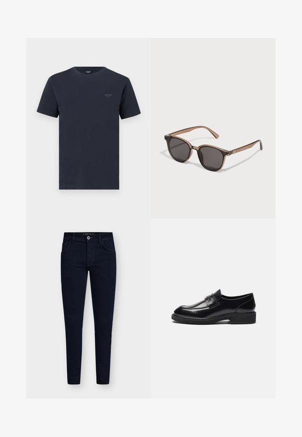 Granatowa bawełniana koszulka z okrągłym dekoltem, krótkimi rękawami i małym, szarym logotypem na lewej piersi. Gładka struktura.; Ciemnoniebieskie dżinsy slim fit z pięcioma kieszeniami, zapięciem na guzik i mocnym materiałem dżinsowym. Posiadają klasyczny fason i minimalne przeszycia.; Zign - Biznesowe loafersy; Brązowe plastikowe okulary przeciwsłoneczne z ciemnymi soczewkami, w zaokrąglonym kształcie, z zwężającymi się ramionami. Zauważalna ozdoba na skroniach.