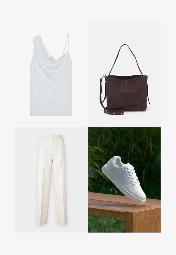 Weißes Spaghetti-Top mit drapiertem Halsausschnitt, dünnen verstellbaren Trägern und einer glatten Textur. Innen befindet sich ein Etikett mit der Aufschrift "ANNA FIELD."; Cremfarbene Hosen mit figurbetonter Passform, gerader Beine, glattem Stoff, vorderen Falten und sauberem Saum. Minimalistisches Design.; Weiße Sneaker mit einem glatten, synthetischen Obermaterial, perforierter Zehenbox, flachen Schnürsenkeln und einer strukturierten Sohle, präsentiert auf einer Holzoberfläche.; Braune Wildleder-Tasche mit weicher Textur, ausgestattet mit einem einzelnen Schulterriemen und einer dezenten, gewölbten Öffnung an der Oberseite. Keine sichtbaren Beschläge.