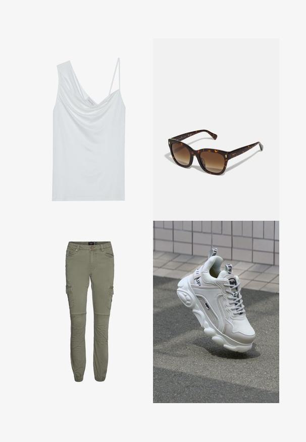 Balti topas su drapiruotu apykakle, plonomis reguliuojamomis petnešomis ir lygia tekstūra. Viduje yra etikete, kurioje rašoma "ANNA FIELD."; Alyvuogių spalvos cargo kelnes, pagamintos iš tvirto medvilnės ir sintetinių pluoštų mišinio, su siaurėjančiomis apačiomis, daug kišenių ir kelio raukšlėmis, suteikiančiomis didesnę judėjimo laisvę.; Balti sportbačiai iš tinklinės ir odinės medžiagos, su apvaliu pirštu, storu padu, išryškintais raišteliais ir ženklinimu ant kulno bei liežuvėlio.; Žvynelių kvadratiniai akinių rėmeliai su gradientiniais rudi objektyvais, turintys auksinius akcentus ant šventyklų ir storą, blizgų rėmą.