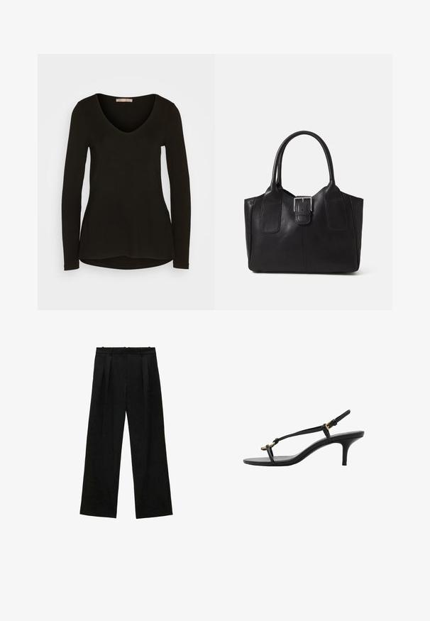 Top negru cu mânecă lungă și decolteu în V, realizat dintr-un material neted și elastic; are un tiv rotund și o siluetă ajustată.; Pantaloni negri cu picioare largi și pliseuri, având o textură netedă și un design cu talie înaltă. Stil minimalist, fără accesorii sau detalii vizibile.; Sandal cu toc kitten din piele neagră, cu curele subțiri, cataramă aurie și buclă minimalistă pentru degetele de la picioare, pe un fundal alb.; Geantă tote din piele neagră cu textură netedă, formă structurată, două mânere și un detaliu proeminent din aliaj de argint pe partea din față.