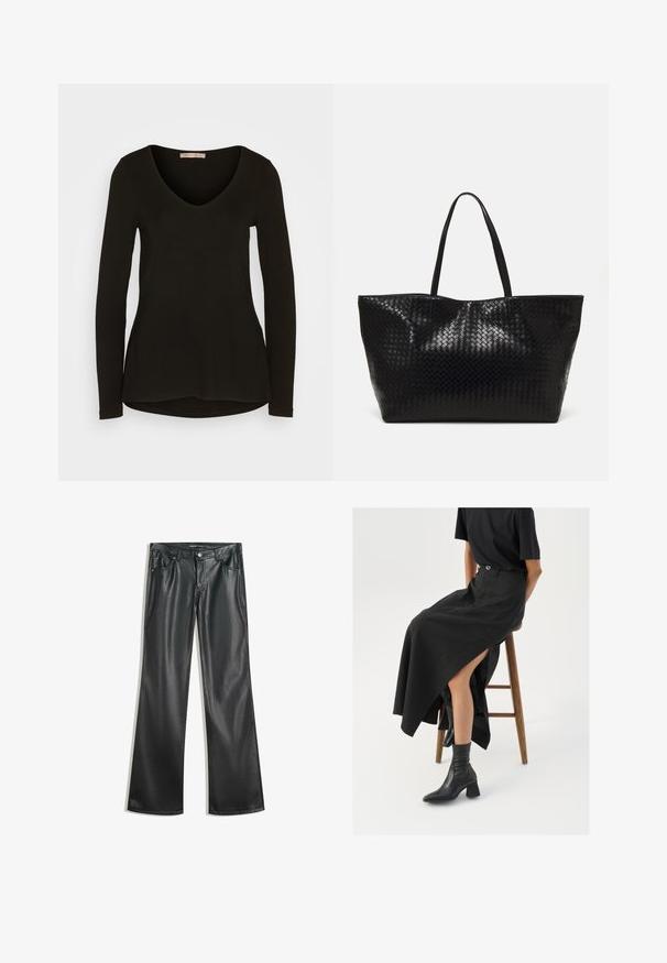 Czarny top z długim rękawem i dekoltem w kształcie litery V, wykonany z gładkiego, elastycznego materiału; charakteryzuje się zaokrąglonym hem i dopasowanym krojem.; Czarne sztuczne skórzane spodnie w stylu dzwonów o gładkiej fakturze, pięcioma kieszeniami, zamkiem z przodu i kontrastowymi szwami.; Czarna lniana spódnica maxi z wysokim rozcięciem, noszona z czarnym t-shirtem i czarnymi botkami sięgającymi kostek. Minimalistyczny design z luźnym krojem.; Czarna pleciona torba na ramię z dwoma mocnymi uchwytami, charakteryzująca się błyszczącą powierzchnią i przestronnym otwartym topem.