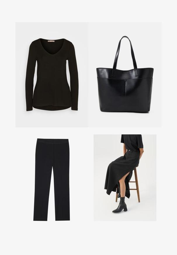 Camisola preta de manga longa e decote em V, feita de um tecido liso e elástico; apresenta um hem arredondado e um silhueta ajustada.; Calças pretas com um design de perna reta, apresentando bolsos laterais e uma textura de tecido suave. Detalhes mínimos, cós limpo.; Saia maxi de linho preta com uma fenda alta, usada com uma t-shirt preta e botas cano curto pretas. Design minimalista com um corte descontraído.; Bolsa tote preta em couro com duas alças longas, textura suave e forma estruturada. Apresenta um bolso frontal para armazenamento adicional.