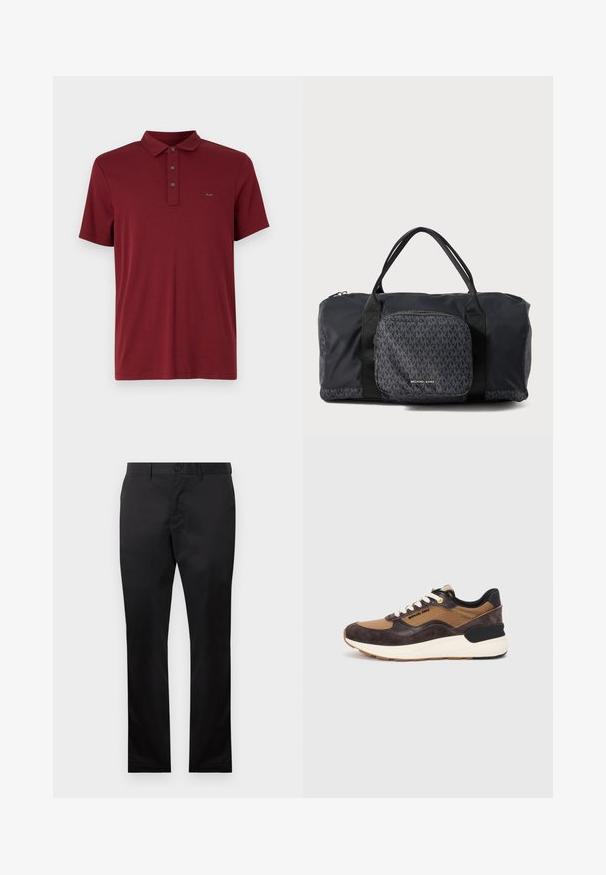 Michael Kors SLEEK NEW - T-shirts - bordeaux; Svarte bomullsbukser med rett ben-design, med knappelukking foran og sidelommer, glatt tekstur, uten synlige mønstre.; Brune og beige sneakers laget av semsket skinn og tekstil, med en tykk hvit mellomsåle, svarte detaljer og logodetalj på siden.; Svart Michael Kors duffel-veske med dobbelthåndtak, frontlomme med glidelås som har gjentatte MK-logoer og Michael Kors-merke.