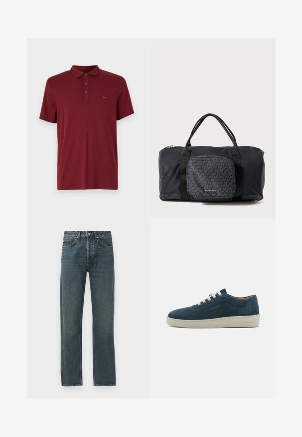 Michael Kors SLEEK NEW - Basic póló - bordeaux; Sötétkék farmernadrág egyenes lábbal, öt zsebbel, gombos záródással és kontrasztos varrási részletekkel.; Kék velúr sneaker lekerekített orral, fehér fűzővel és gumitalppal. Diszkrét varrásokkal és oldalsó márkázott akcentussal rendelkezik.; Fekete Michael Kors sporttáska dupla fogantyúkkal, elülső cipzáras zsebvel, amelyen a megismételt MK logó minta és a Michael Kors márkázás található.