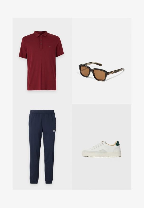 Michael Kors SLEEK NEW - Základné tričko - bordeaux; Námornícke modré tepláky s elastickým pásom a manžetami. Na ľavej nohe je malé biele logo. Vyrobené z mäkkého, elastického materiálu.; Biele tenisky s semišovými akcentmi, zaoblenou špičkou, plochými šnúrkami a krémovou gumovou podrážkou. Na päte sú zelené značky.; Plastové slnečné okuliare s korytnačím vzorom, octagonálne hnedé šošovky a tenké zlaté akcenty na ráme.