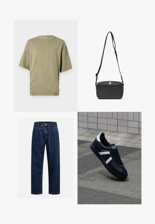Alyvuogių žalios spalvos trumpomis rankovėmis marškinėliai, pagaminti iš minkštos medžiagos, turi apvalų iškirpimą ir laisvą prigludimą su siūlėmis.; Tamsiai mėlynos džinsinės kelnės su tiesiu sijonu. Savybė - matoma siūlė, mygtuko uždarymas ir priekinei daliai raukiniai, suteikiantys papildomą detales.; Juodas odinis sportinis batelis su baltais dryžiais, tekstūruota gumine padais ir raišteliais priekyje. Yra prekės ženklą žymintis etiketė ant liežuvio.; Juodas odinis per petį nešiojamas krepšys su užtrauktuku, iškilniu logotipu priekyje ir reguliuojama dirželiu. Lygus paviršius, stačiakampio formos.
