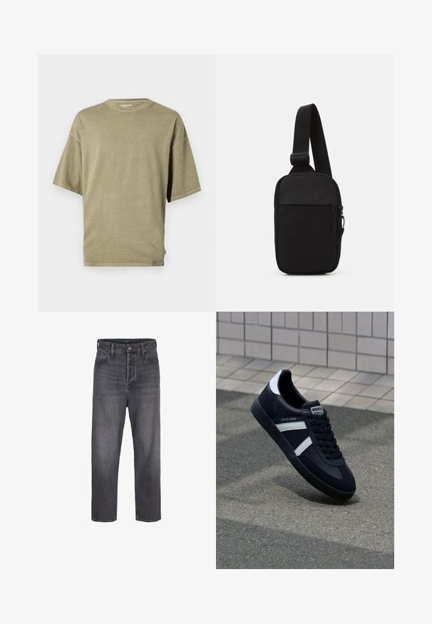 Olive green short-sleeve t-shirt made of soft fabric, featuring a round neckline and a relaxed fit with stitched hems.; Dark gray denim jeans with a straight leg design, high waist, five-pocket styling, and light fading. Metal button and zip fly closure.; Black leather sneaker with white stripes, textured rubber sole, and lace-up front. Features a branded label on the tongue.; Black crossbody bag made of durable fabric, featuring a single adjustable strap, a zippered main compartment, and a front pocket.