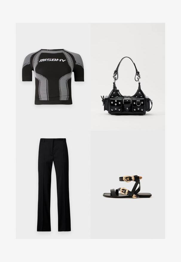 Black short-sleeve compression top featuring white MISBHV logo, zigzag and stripe patterns, with a fitted design and textured details.; Black straight-leg trousers in smooth fabric, featuring a flat front, belt loops, and no visible pockets or embellishments.; Black leather sandals with gold buckle accents, featuring multiple straps and a flat sole design for open-toe wear.; Black leather handbag with a curved design, featuring silver studs, a buckle, and two side pockets. Adjustable strap for carrying options.
