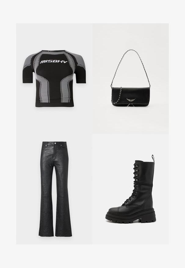Black short-sleeve compression top featuring white MISBHV logo, zigzag and stripe patterns, with a fitted design and textured details.; Black leather flared pants featuring a crinkled texture, high waist, front pockets, and a classic button closure with zip fly.; Black leather lace-up boots with a chunky lug sole, high shaft, and textured surface, featuring metallic eyelets and a pull tab.; Black leather handbag with a silver chain strap, featuring decorative wing accents and white stitching along the bottom seam.