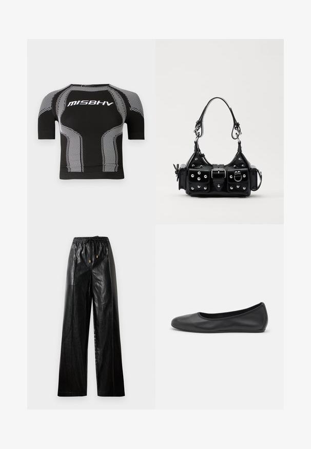 Melnas īsām piedurknēm saspiešanas augšdaļa ar baltu MISBHV logo, zigzag un svītru rakstiem, ar pieguļošu dizainu un teksturētām detaļām.; Melni ādas bikses ar plašu kāju griezumu, elastīgu jostu, auklām un zelta detaļām. Gluda tekstūra un brīvs piegriezums.; Melna ādas baleta kurpe ar noapaļotu purngalu, gludu tekstūru, minimālu šuvju detalizāciju un elastīgu zoles dizainu.; Melnas ādas rokturmais ar izliekumu, ar sudraba iedurtiem, sprādzi un divām sānu kabatām. Regulējams siksniņas garums dažādām nēsāšanas iespējām.