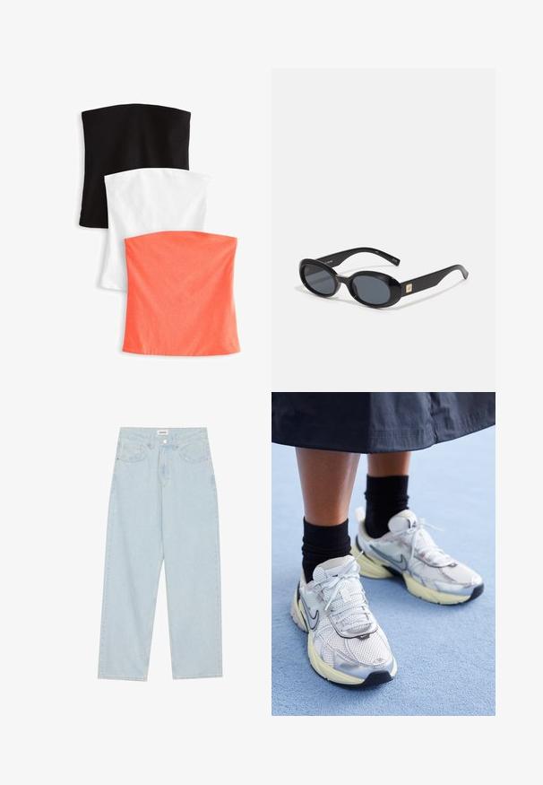Next 3 PACK BANDEAU BOOBTUBES - Top - multi/white/black stripe; Jeans azzurri a gamba larga in denim, con vita media, cinque tasche e chiusura con bottone accompagnata da un sottile accento metallico.; Nike sneakers bianchi e argento con tessuto in rete, dettagli riflettenti e suola beige. Indossati con calze nere, in piedi su una superficie blu.; Occhiali da sole ovali neri con lenti scure, montatura in plastica lucida, aste larghe e un piccolo accent in oro su un lato.
