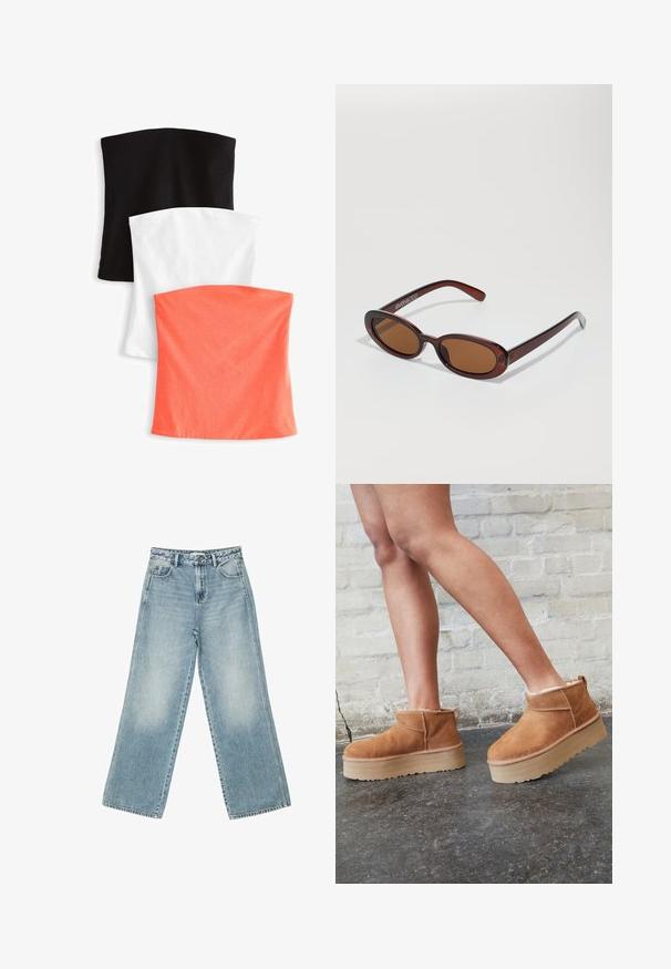 Next 3 PACK BANDEAU BOOBTUBES - Top - multi/white/black stripe; Světle modré džíny s volnými nohavicemi vyrobené z denimu, s vysokým pasem, pěti kapsami a jemným blednutím podél nohavic.; Hnědé semišové kotníkové boty s měkkou podšívkou, silnou béžovou platformou a zadním poutkem. Texturovaný povrch s viditelnými švy.; Kulaté sluneční brýle hnědé barvy s lesklým burgundským rámem. Úzké nožičky s jemným logem. Rovné čočky.