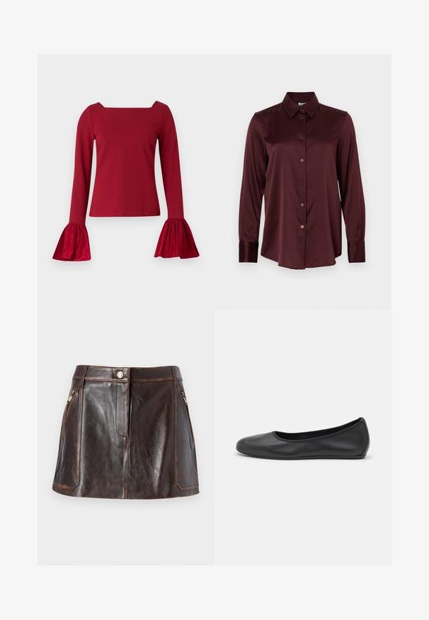 Rode lange mouw top met een vierkante halslijn. Heeft gefronste, textuur mouwen en een gladde body. Gemaakt van zachte stof.; Bordeaux satijnen overhemd met lange mouwen, puntige kraag en knoopsluiting aan de voorkant, plat weergegeven tegen een witte achtergrond.; Bruine leren mini-rok met een slank ontwerp, twee ritszakken aan de zijkanten en contrasterende steken langs de randen.; Zwarte leren ballerina met een ronde neus, gladde textuur, minimale stikdetails en een flexibele zoolontwerp.