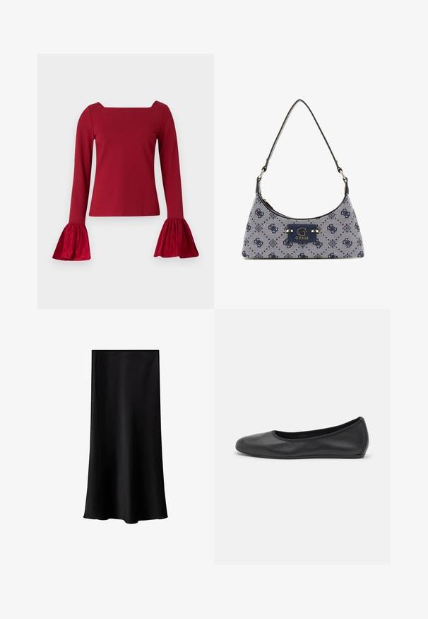 Rdeča bluza z dolgimi rokavi in kvadratnim izrezom. Ima razširjene, teksturirane rokave in gladek del. Narejena je iz mehkega blaga.; Črna midi krila iz gladkega, lahkega materiala. Ima ravno rez, brez vidnih dodatkov in preprost dizajn brez vzorcev.; Črne usnjene balerinke z zaobljenim nosom, gladko teksturo, minimalnimi šivi in fleksibilno zasnovo podplata.; Torbica v hobos stilu iz temno modrega blaga z diamantnim vzorcem, opremljena z logotipno tablico in gladkim naramnim trakom. Teksturirana površina.