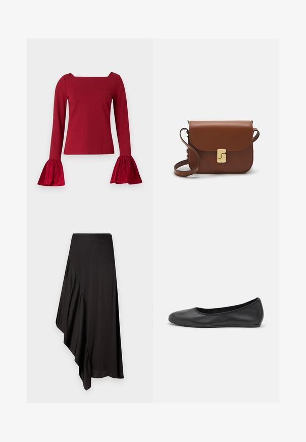 Crvena majica dugih rukava sa kvadratnim izrezom. Ima razvedrene, teksturirane rukave i glatko tijelo. Napravljena je od mekanog materijala.; AERON ASTER SKIRT - Uska suknja - black; Crne kožne baletanke s zaobljenim vrhom, glatke teksture, minimalnim detaljima šavova i fleksibilnim dizajnom potplata.; Smeđa kožna torba s preklopom, zlatnim detaljima, remenom za nošenje preko ramena i glatkom teksturom. Kompaktni pravokutni oblik.