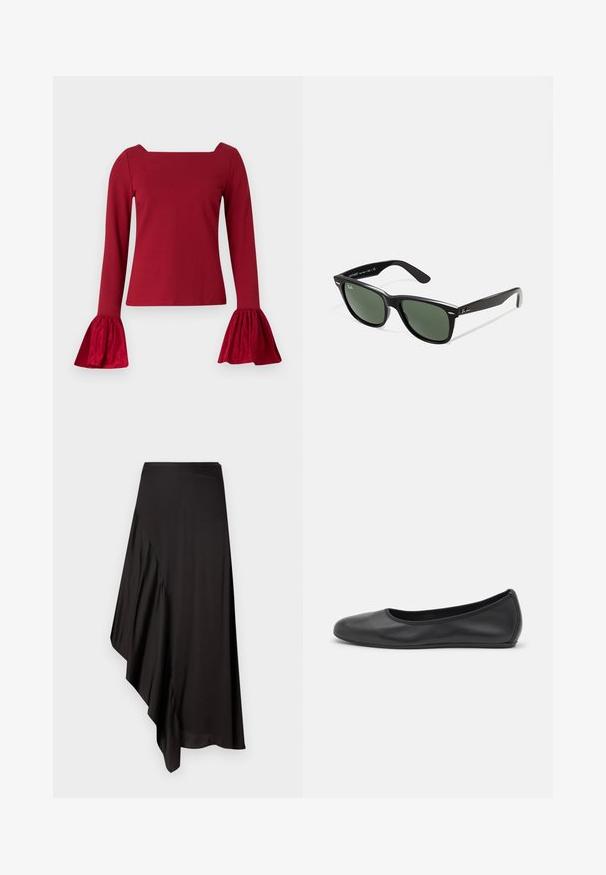 Rdeča bluza z dolgimi rokavi in kvadratnim izrezom. Ima razširjene, teksturirane rokave in gladek del. Narejena je iz mehkega blaga.; AERON ASTER SKIRT - Ozko oprijeto krilo - black; Črne usnjene balerinke z zaobljenim nosom, gladko teksturo, minimalnimi šivi in fleksibilno zasnovo podplata.; Črne plastične sončna očala z zelenimi lečami, kvadratni okvirji, srebrni detajl na obrvi in teksturirani ročaji. Blagovna znamka navedena na notranji strani ročaja.