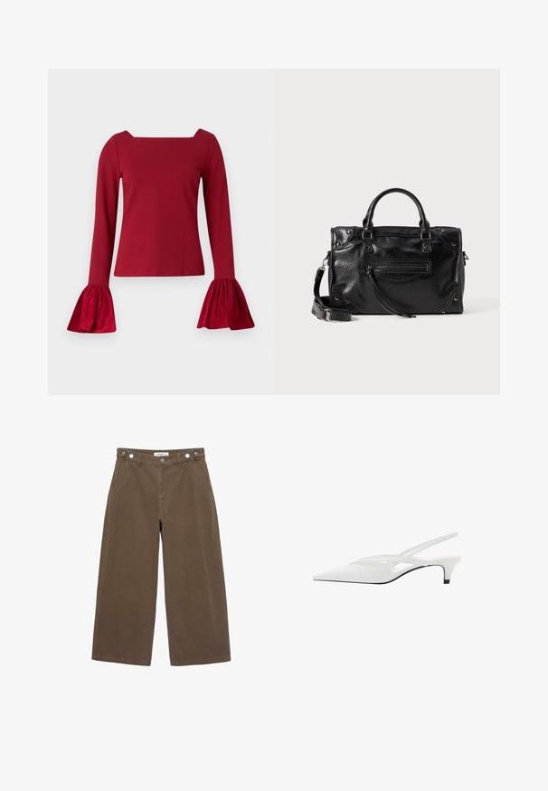 Rdeča bluza z dolgimi rokavi in kvadratnim izrezom. Ima razširjene, teksturirane rokave in gladek del. Narejena je iz mehkega blaga.; Rjave hlače širokih nogavic iz trpežnega materiala. Imajo dva sprednja žepa, zapiranje na gumb in sproščen kroj z gladko teksturo.; Bela slingback peta z ošiljenim nosom, z gladkim zgornjim delom, subtilnimi izrezi in nizkim blok petkom. Črna podplat poudarja dizajn.; Črna usnjena torbica z dvema kratkima ročajema in odstranljivim naramnim trakom. Ima sprednji žep na zadrgo in kovinske detajle. Teksturirana površina.