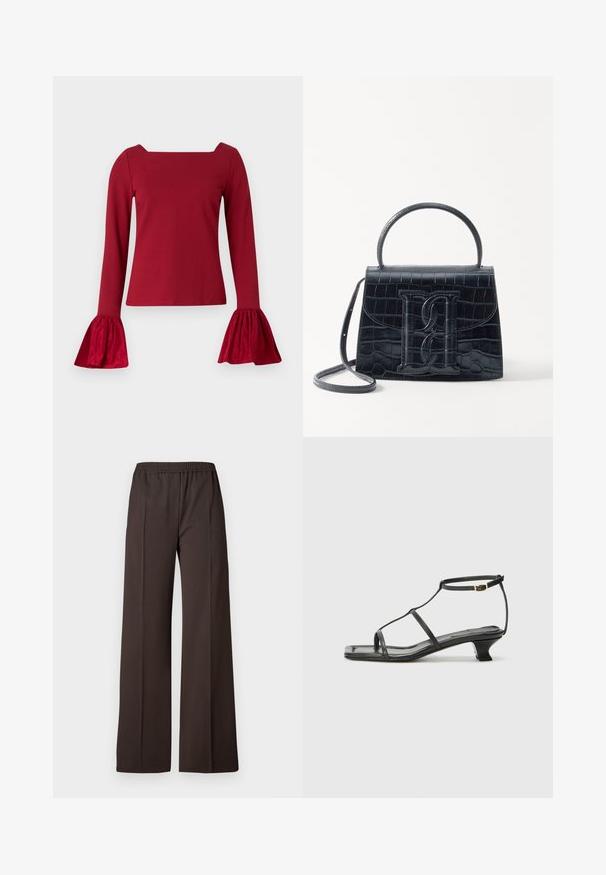 Röd långärmad topp med fyrkantig halsringning. Har utsvängda, texturerade ärmar och en slät kropp. Tillverkad av mjukt tyg.; Vidbyxorna i mörkbrunt tyg har ett elastiskt midjeband och en slät yta med rena linjer för en skräddarsydd look.; Svart lädersandal med fyrkantig tå, tunna remmar, justerbar ankelrem och låg klack. Har en liten guldaccent på remmen.; Svart läderhandväska med krokodilprägling, strukturerad design, topphandtag, justerbar rem och en framträdande logotypdetalj på framsidan.