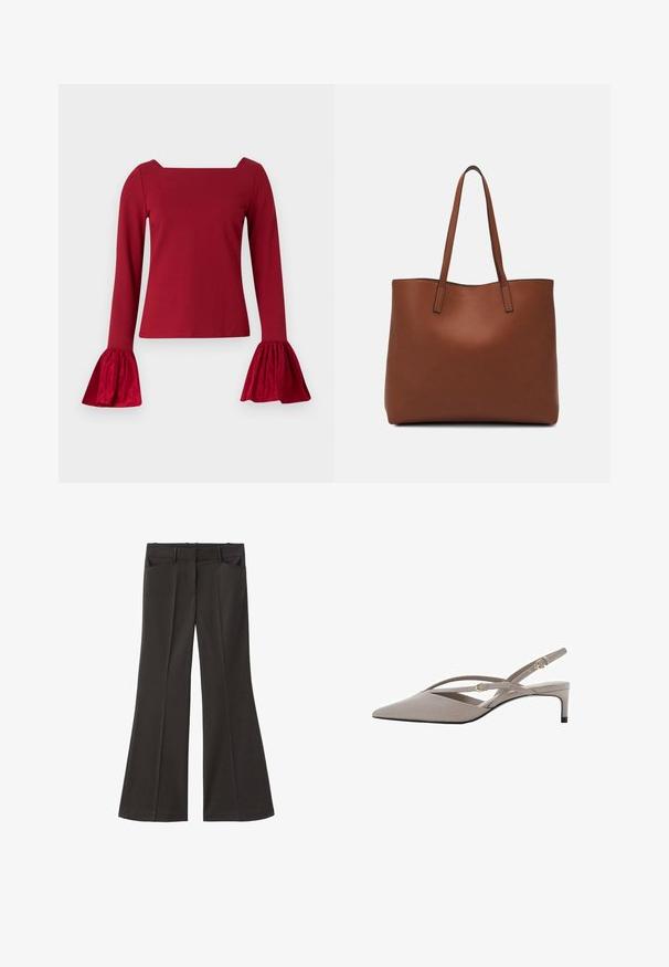 Rdeča bluza z dolgimi rokavi in kvadratnim izrezom. Ima razširjene, teksturirane rokave in gladek del. Narejena je iz mehkega blaga.; Črne razširjene hlače z visokim pasom; vključujejo dva sprednja žepa in gladko teksturo tkanine. Primerne za različne priložnosti.; Bež sandale na visoki peto s izostrenim nosom, tankimi križnimi naramnicami in kratkim stiletto peto. Gladek material z zasebnimi zlatimi detajli.; Rjava usnjena torba z gladko teksturo, odprto zasnovo zgoraj in dvema naramnima trakovoma. Opremljena je z minimalnim šivanjem in brez vidnih kovinskih delov.