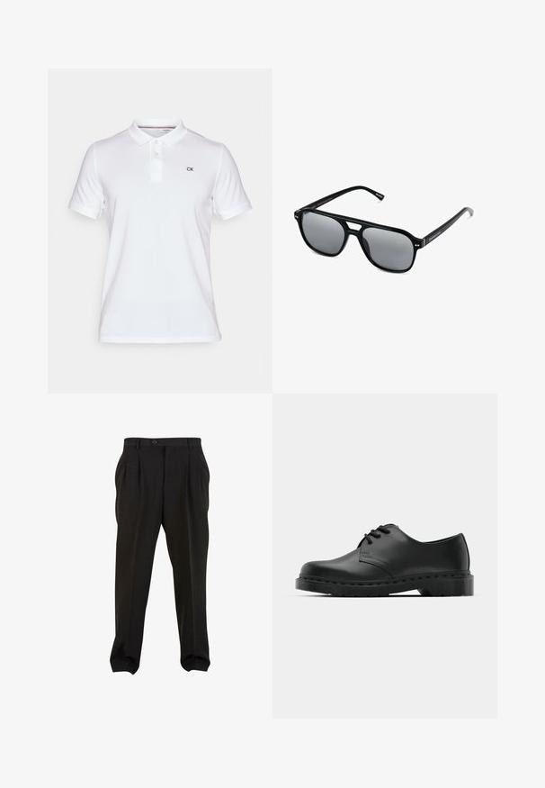 Polo shirt bianco in cotone, con colletto e tre bottoni. Un piccolo logo "CK" nero si trova sul lato sinistro del petto.; Pantaloni neri in tessuto morbido, con pieghe frontali, vita con bottone e polsini a gamba affusolata. Silhouette classica e sartoriale.; Scarpa oxford in pelle nera con design con lacci, punta arrotondata, suola piatta in gomma e dettagli di cucitura discreti lungo la parte superiore.; Occhiali da sole neri con montatura rettangolare, lenti grigie oscurate e design con intaglio sul ponte. Materiale plastico lucido e slanciato, con tempie sottili.