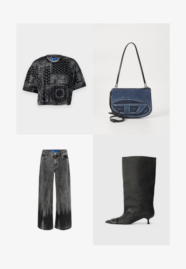 Karl Lagerfeld Jeans OVERSIZE CROP TEE - Print T-shirt - bandana black; Wide-leg jeans in faded black denim, featuring a dip-dye effect, steel hardware, and a classic five-pocket design with a standard waistband.; Black leather ankle boot with a pointed toe, small heel, and metallic accent detail on the toe. Smooth, matte texture throughout.; Denim crossbody bag with a black leather strap, oval logo design on the front, and a zip closure at the top. Textured finish.
