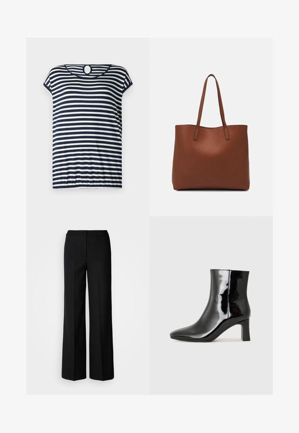 Streifen-T-Shirt in Marineblau und Weiß, kurze Ärmel, runder Ausschnitt mit einer Schlitzdetail an der Rückseite, leicht geraffter Saum.; Schwarze weit geschnittene Hosen aus glattem Stoff mit hoher Taille, taillierten Nähten und minimalistischer Gestaltung. Keine sichtbaren Beschläge oder Taschen.; Schwarzer Lackleder-Stiefelette mit spitzer Zehe und einem mittelhohen Blockabsatz. Glatte Textur und minimalistisches Design.; Braune Leder-Tote mit glatter Textur, offenem Oberteil und zwei Schulterriemen. Verfügt über minimale Nähte und keine sichtbaren Beschläge.