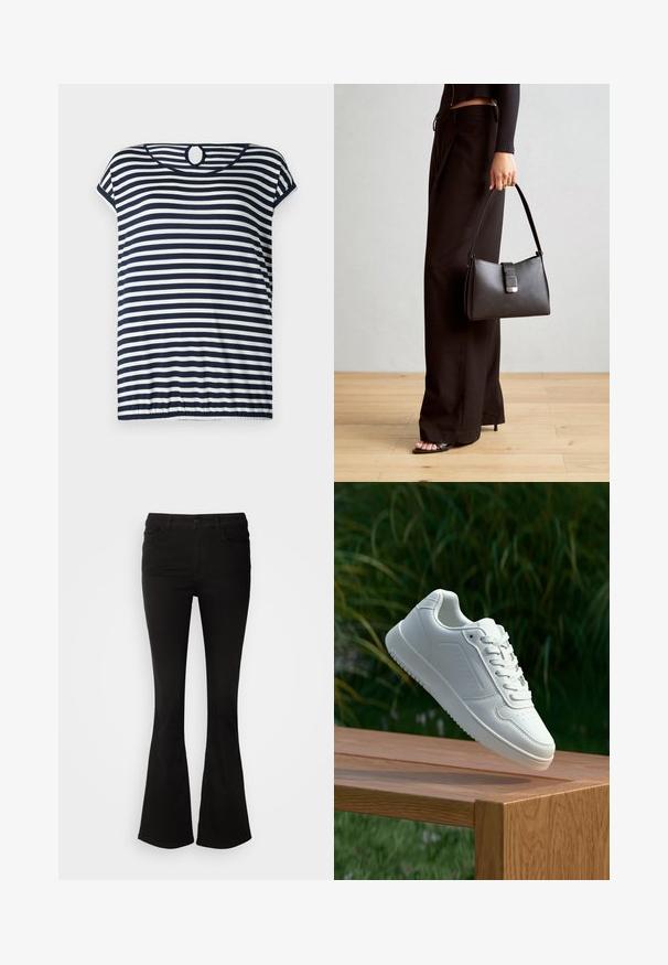 Maritiem en wit gestreept T-shirt, korte mouwen, ronde halslijn met een keyhole-detail aan de achterkant, licht geplooide zoom.; Zwarte flarebroek van rekbare stof, met een tailleband met riemlussen en voorzakken, een zachte textuur en een getailleerde pasvorm tot de knie.; Witte sneaker met een gladde synthetische bovenkant, geperforeerde neus, platte veters en een gestructureerde zool, tentoongesteld op een houten oppervlak.; Zwarte handtas met gestructureerde vorm, gladde textuur en een metalen sluiting. Gecombineerd met brede zwarte broeken en sandalen met open teen op een houten vloer.