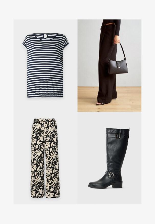 Tamsiai mėlynos ir baltos juostelės marškinėliai, trumpomis rankovėmis, apvaliu iškirpimu, su skylutės detalėmis nugaroje, šiek tiek susiraukšlėjęs apvadas.; Juodos plačios kojos kelnės su grietinėlės spalvos gėlių raštu. Pagamintos iš lengvos medžiagos, pasižyminčios lygiapass viršutine tekstūra ir aukštu liemeniu.; Aukštas juodas odinis botas su žemu kulnu, dekoratyviais sagtimis netoli kulkšnies ir viršuje, taip pat su užtraukiamu kilpeliu gale.; Juodas rankinė struktūrizuota forma, lygi tekstūra ir metalinis užsegimas. Suporuota su plačiomis juodomis kelnėmis ir atvirais bateliais ant medinių grindų.