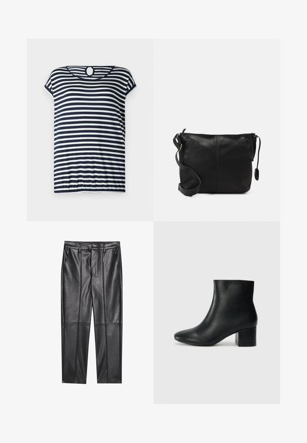 Tricou cu dungi bleumarin și alb, mâneci scurte, decolteu rotund cu detaliu tip cheiță la spate, cu tiv ușor gathered.; Pantaloni din piele neagră cu o textură netedă, având o croială dreaptă, două buzunare frontale și detalii vizibile ale cusăturilor.; Cizme negre din piele până la gleznă, cu vârf ascuțit și toc robust. Textură netedă, cu accente minime și un design elegant, ajustat.; Geantă de umăr din piele neagră, cu o formă plată, accente de metal auriu și o curea ajustabilă. Textură netedă cu detalii de cusătură minime.