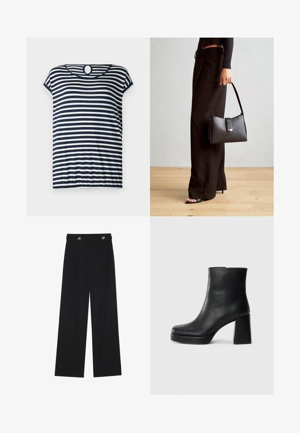 T-shirt w niebiesko-białe paski, krótki rękaw, okrągły dekolt z ozdobnym wycięciem z tyłu, lekko marszczony dół.; Czarne szerokie spodnie z wysokim stanem, z detalami w postaci guzików na pasku oraz plisami z przodu.; Czarne skórzane botki za kostkę z blokowym obcasem i platformą, widok z boku na białym tle.; Czarna torebka o usztywnionym kształcie, gładkiej fakturze i metalowym zapięciem. Połączona z szerokimi czarnymi spodniami i sandałami na otwartym palcu na drewnianej podłodze.