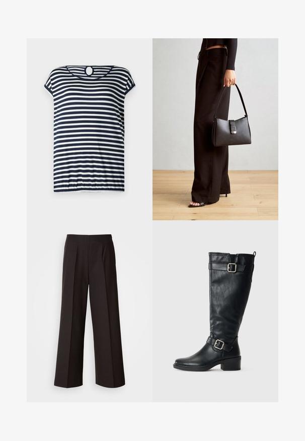 Námořnické a bílé pruhované tričko, krátké rukávy, kulatý výstřih s důlkem na zádech, mírně nařasený lem.; Černé kalhoty širokého střihu s plochým předním dílem, skládaním a hladkým povrchem. Mají vysoký pas a přiléhavý střih pro strukturovaný vzhled.; Vysoká černá kožená bota s nízkým podpatkem, dekorativními přezkami u kotníku a nahoře, a s poutkem vzadu.; Černá kabelka se strukturovaným tvarem, hladkým povrchem a kovovým uzávěrem. Kombinována s širokými černými kalhotami a sandály s otevřenou špičkou na dřevěné podlaze.