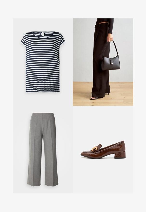T-shirt rayé bleu marine et blanc, manches courtes, encolure ronde avec un détail en trou de serrure à l'arrière, ourlet légèrement froncé.; Pantalons larges gris sur mesure avec une texture lisse, présentant un devant plat et des plis bien marqués sur chaque jambe.; Mocassins en cuir marron avec une finition brillante, dotés d'une boucle décorative en or à l'avant et d'un talon bas. Design classique.; Sac à main noir à la forme structurée, texture lisse et fermoir métallique. Associé à un pantalon noir ample et des sandales ouvertes sur un sol en bois.