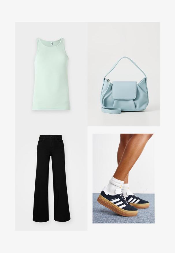 Hele roheline triiksärk, mis on valmistatud ribakudumist. Omab ümmargust kaelust ja ilma varrukateta disaini. Lihtne, kaunistusteta stiil.; Mustad mustad püksid, mis on valmistatud denimist, struktuurse vöökohtade, vöökootidega ja esikottidega. Sile tekstuur klassikalise disainiga.; Mustad seemisnahast tossud valgete triipude ja detailidega, ümarate varbassosadega, kummist välistallaga, paaritatud valgete soonikuliste meessokkidega.; Heledad sinine nahkrahakott ülemise käepidemega, esiküljel klapiga tasku ja eemaldatav randmepael valgel taustal.