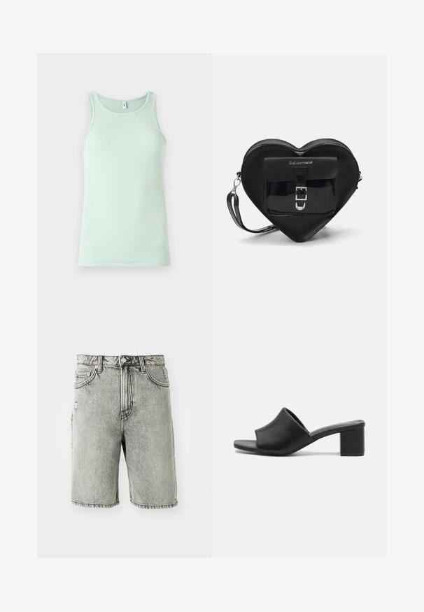 Šviesiai mėtų žalios spalvos liemenė, pagaminta iš riešuto audinio. Pasižymi apvaliu kaklo įpjovimu ir be rankovių dizainu. Paprastas, nepuošnus stilius.; Pilki džinsiniai šortai su klasikinio penkių kišenių dizainu, išblukusia apdaila ir siuvinėjimu ties apačia bei juosmeniu.; Juodi odiniai mules su blokuoto kulno, atviru pirštu, kuriais galima mėgautis sklandžiu paviršiumi ir šiek tiek užlenktu viršumi, užtikrinančiu komfortą ir stilių.; Juodas širdelės formos maišelis, pagamintas iš lakinės odos, su priekinėmis kišenėmis, uždarančiomis sagtimi ir nuimamu dirželiu. Sidabro spalvos detalės.