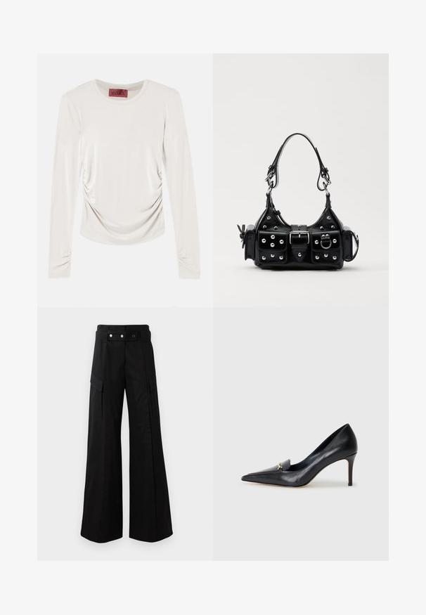 Pitkähiha vaalean beigepaita, jossa on rypytetyt sivut ja hihnat, pyöreä kaula-aukko ja punainen etiketti kauluksessa.; Mustat leveälahkeiset housut, joissa on korkea vyötärö, suuret sivutaskut, kaksi etunappia ja silmukkayksityiskohta. Valmistettu kestävästä kankaasta.; Musta nahkainen korkokenkä, jossa on terävä kärki, matala leikkaus ja koristeellinen kultainen yksityiskohta. Varustettu stilettokannalla ja sileällä pinnalla.; Musta nahkainen käsilaukku, jossa on kaareva muotoilu, hopeiset niitit, solki ja kaksi sivutaskua. Säädettävä olkahihna erilaisiin kantovaihtoehtoihin.
