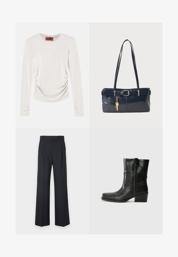 Maglietta a maniche lunghe color crema con lati e maniche arricciati, scollatura rotonda e un'etichetta rossa all'interno del colletto.; Pantaloni a righe blu scuro con vita alta, design a gamba larga e senza hardware o decorazioni visibili. Tessuto liscio e vestibilità sartoriale.; Stivale ankle in pelle nera con punta arrotondata, tacco a blocco, cerniera laterale e dettagli in cucitura sulla tomaia. Texture liscia, design classico.; Borsa a mano in pelle blu con due manici lunghi, un dettaglio con fibbia e un portachiavi attaccato. Presenta una texture liscia e una forma rettangolare.