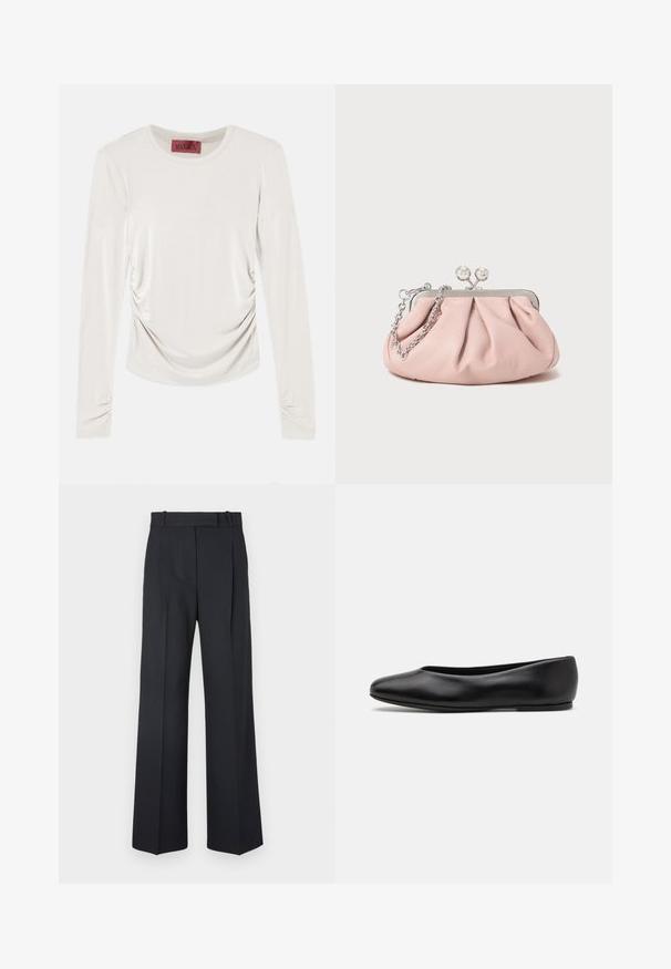 Long-sleeve cream top with ruched sides and sleeves, round neckline, and a red label inside the collar.; Dark blue pinstriped trousers with a high waist, wide leg design, and no visible hardware or embellishments. Smooth texture and tailored fit.; Paul Smith TOPANGA - Ballet pumps - black; Pink leather clutch bag with a gathered design, metal frame, two round clasps, and a silver chain strap. Smooth texture, compact shape.