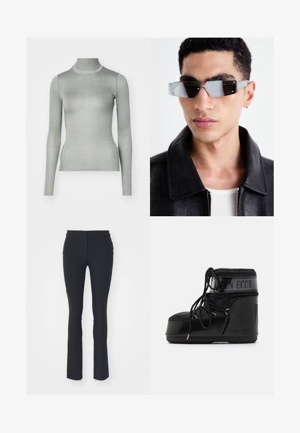 Hosszú ujjú garbó póló puha, világosszürke anyagból. Karcsú fazonnal és magas nyakkal rendelkezik, varrás nélküli oldalakkal, sima textúrát mutatva.; Fekete, rugalmas szabású nadrág, sima felülettel, egyenes szabással és kis oldalsó cipzárakkal az alsó részen.; Fekete hócsizmák fényes felülettel, kerek orral, párnázott felsőrésszel és texturált talppal. Fűzőkkel és dombornyomott márkázással a sziken.; Szögletes, szürke árnyalatú napszemüveg ezüst díszítéssel, világos háttér előtt. A lencsék egyedi geometrikus formával rendelkeznek.
