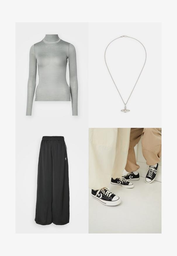 Majica s dolgimi rokavi in turtleneck ovratnikom iz mehke svetlo sive tkanine. Ima oprijet kroj z visokim ovratnikom in brezšivnimi stranicami, ki prikazujejo gladko teksturo.; Črne proste trenirke iz gladkega materiala. Imajo elastičen pas in stranske črte z logotipom.; Črne platnene superge z belimi gumijastimi podplati, ki imajo bele zvezdaste akcentne dodatke in črne vezalke, v kombinaciji s svetlo bež in kremnimi hlačami.; Srebrna verižica z ovalnim obeskom, ki ima strukturiran dizajn in majhne sijoče akcenti po celotnem obesku.