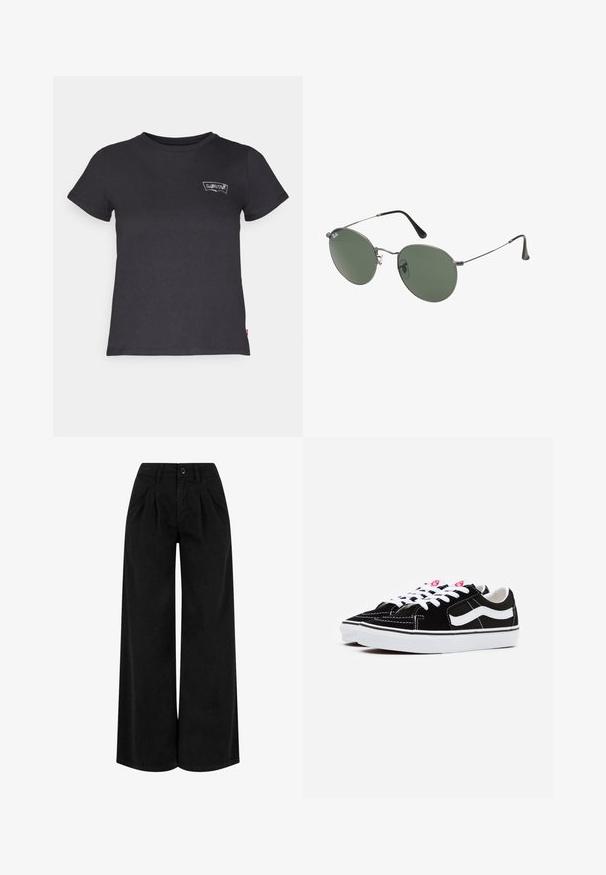 Czarna bawełniana koszulka z krótkim rękawem i okrągłym dekoltem. Posiada małe białe logo na lewej piersi. Gładka tekstura, standardowy krój.; Czarne szerokie spodnie wykonane z lekkiego materiału, z plisami z przodu, z zapięciem na guzik i estetycznym wykończeniem u dołu.; Czarne zamszowe sneakersy z białymi sznurówkami, z wyraźnym białym paskiem po boku i czarną gumową podeszwą, prezentujące kontrastowe szwy.; Okulary przeciwsłoneczne z metalową ramą i owalnymi zielonymi soczewkami. Cienka srebrna metalowa rama i czarne końcówki zauszników. Minimalistyczny design, bez widocznych logo.