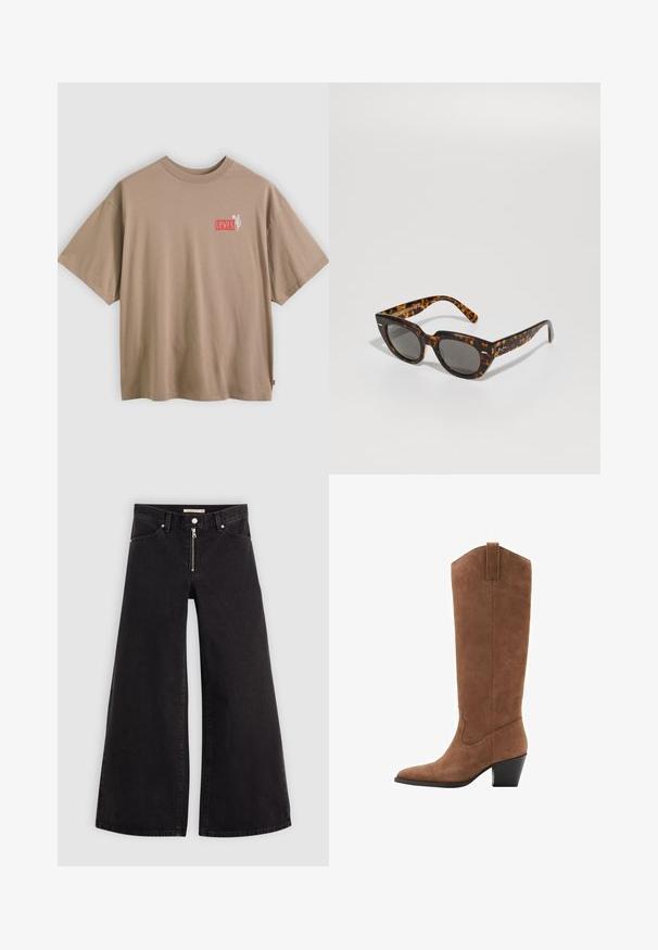 Beiges Baumwoll-T-Shirt mit kurzen Ärmeln und Rundhalsausschnitt. Auf der Brust befindet sich ein kleines rotes und weißes aufgedrucktes Levi's-Logo sowie ein Kaktus-Design.; Schwarze Denim-Jeans mit weitem Bein, Reißverschluss vorne, Fünf-Taschen-Design und dezenten Stickdetails. Glatte Textur und lässiger Stil.; Braune Wildlederkniehohe Stiefel mit spitzem Zeh, schrägem Absatz und dekorativen Nähten am Schaft. Glatte Textur und konisches Design.; Schildpatt-Sonnenbrille mit kantigen Rahmen und grauen Gläsern. Verfügt über eine glänzende Oberfläche und dezente Markenkennzeichnung an den Bügeln.