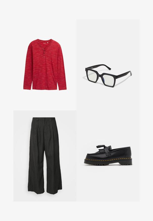 Maglietta henley rossa a maniche lunghe realizzata in tessuto testurizzato, con scollo a V, tre bottoni e una vestibilità rilassata con orli rifiniti.; Pantaloni a gamba larga neri a righe con pieghe, caratterizzati da un design sartoriale e una texture morbida. Nessun hardware o decorazione visibile.; Mocassino in pelle nera con un'accento a frange, dotato di una suola nera spessa e cuciture gialle lungo il bordo. Finitura testurizzata.; Occhiali da sole neri con finitura opaca, dotati di lenti trasparenti e una leggera sfumatura blu su un lato. Design robusto e angolare.